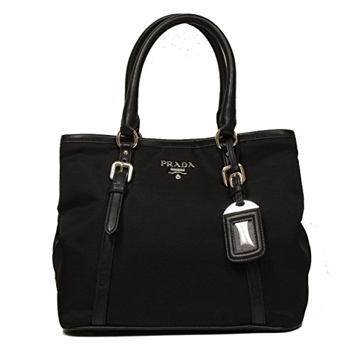 Prada Black Tessuto Soft Calf Leather Bowling Bag Medium Top Handle Handbag with Shoulder Strap BN1841