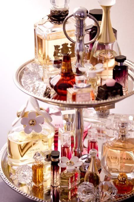 Tiered cake stand as a perfume organiser on a dressing table or in a dressing room