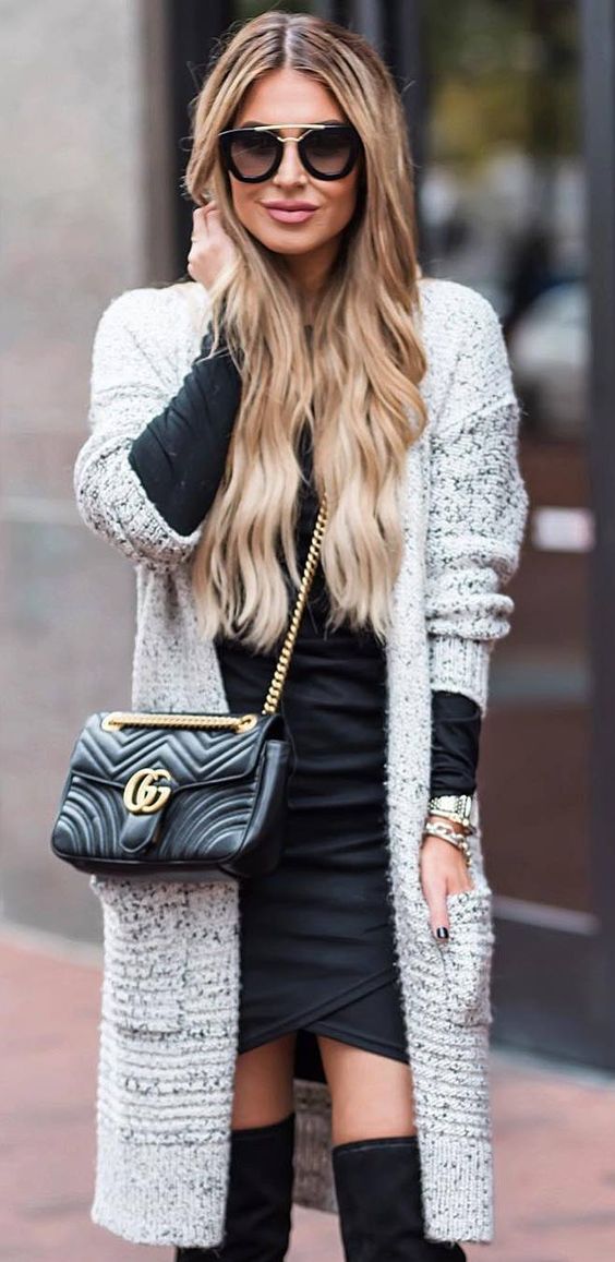 knit and black | cardigan + bag + dress + over the knee boots