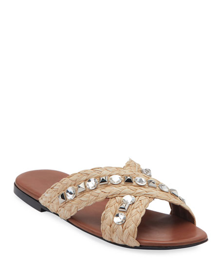 Image 1 of 3: Jeweled Raffia Flat Slide Sandals