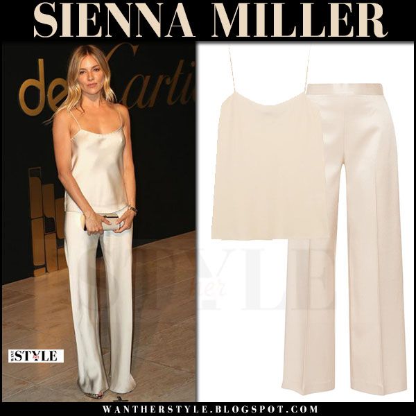 Sienna Miller in biege silk camisole and silk pants the row | White silk cami, Silk pants outfit, White pants outfit