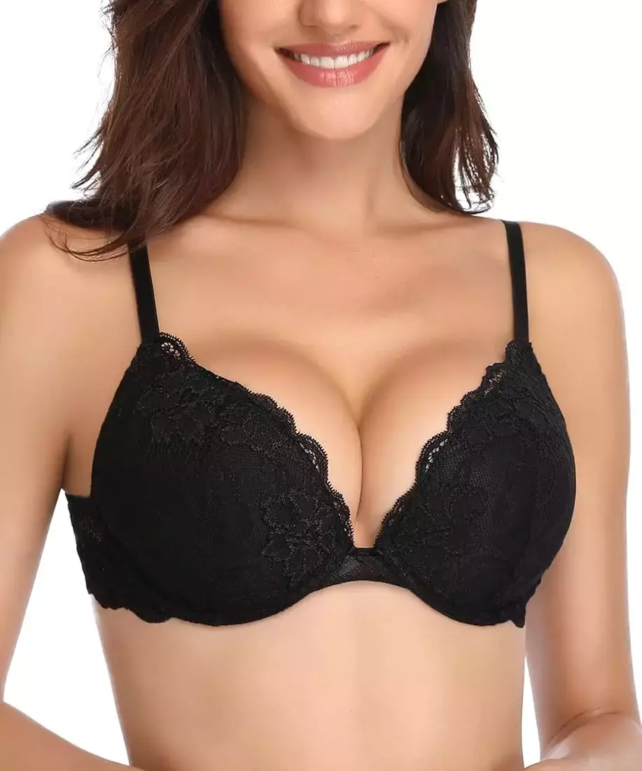 Deyllo Womens Push Up Lace Bra U Wire Lift Up Add One Cup