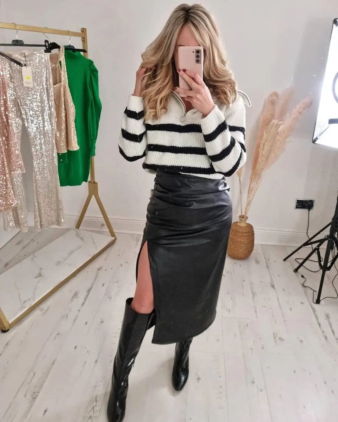 midi skirt stripes outfit