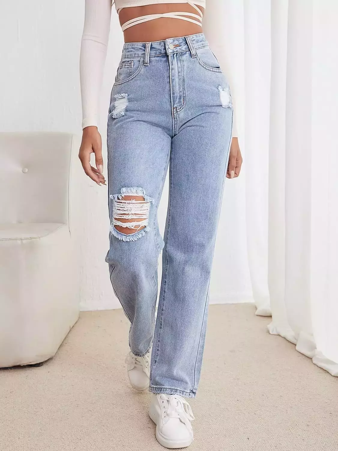 EDBHS Jeans for Women High Waist Straight Leg Ripped Jeans Jeans for Women Color Light Wash Size Large