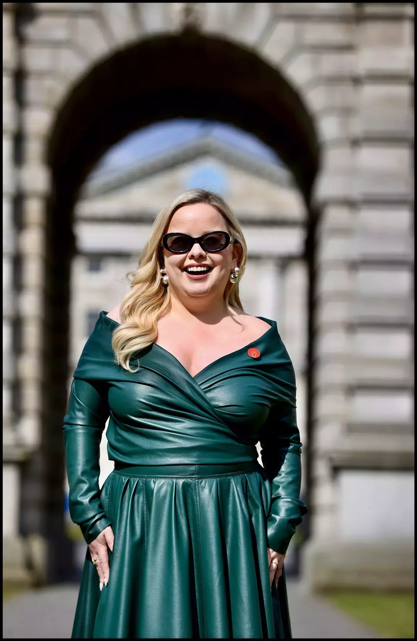 Nicola Coughlan green leather coat