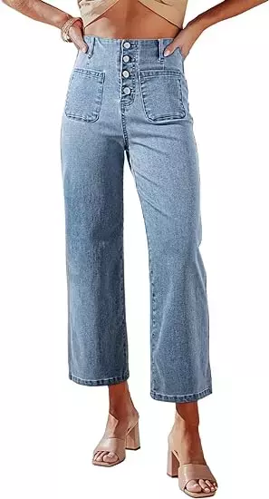 Sidefeel Womens Wide Leg Jeans High Waisted Stretchy Straight Leg Jeans Buttoned Loose Denim Pants with Pocket