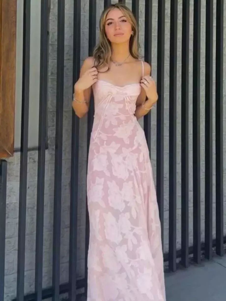 Womens Elegant Floral Printed Mesh Maxi Dress Sexy See through Pink Prom Dress