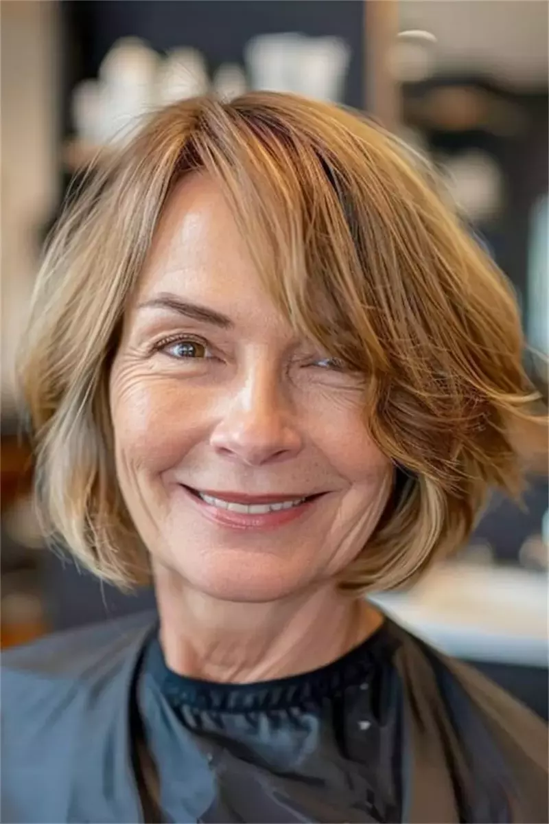 woman over 60 layered bob with long bangs 1