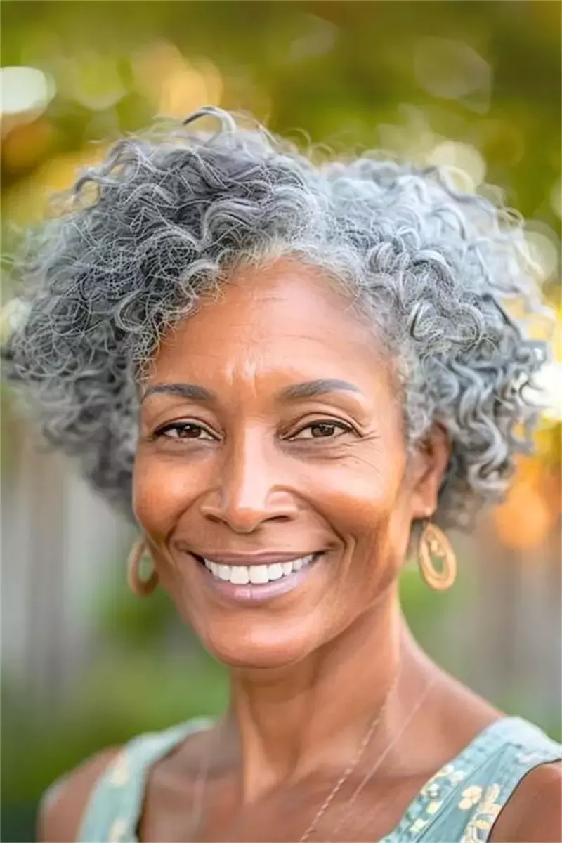 woman over 60 short silver coils 22