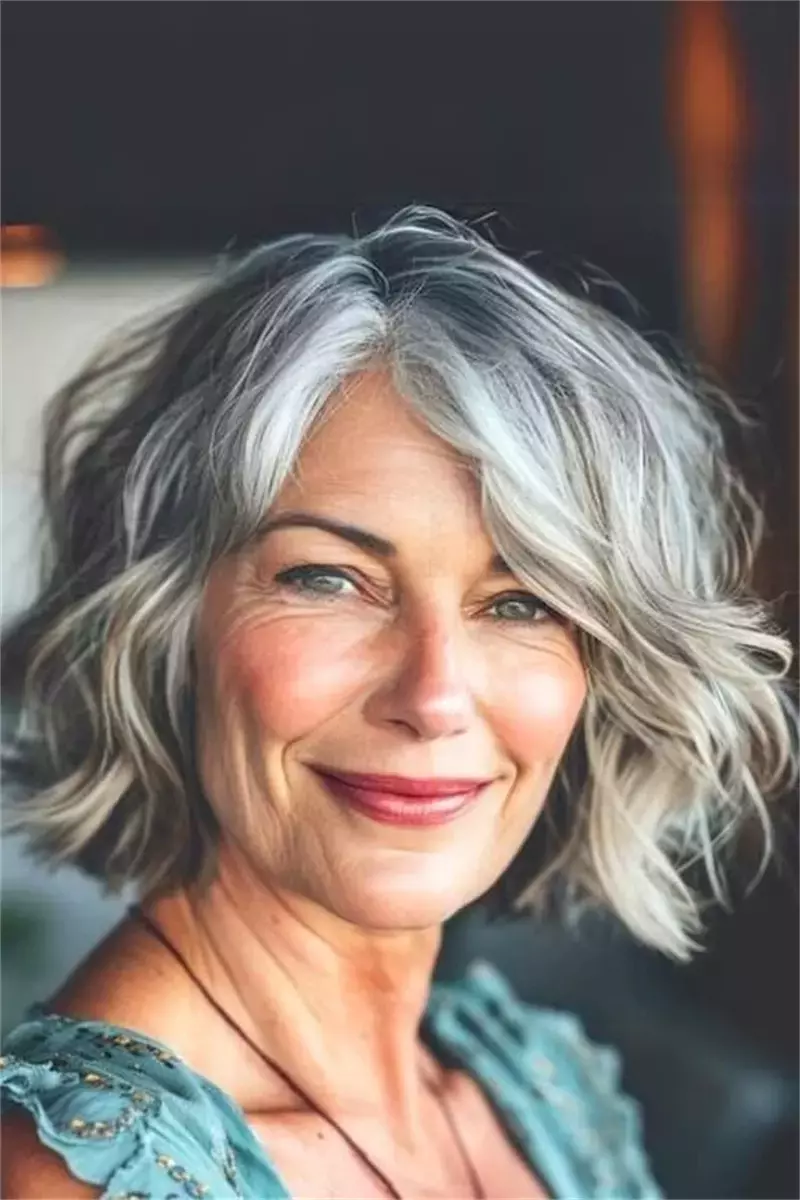 woman over 60 short silver wavy bob 9