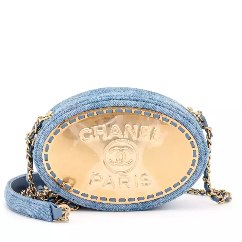 Chanel Printed Light Blue Denim Quilted Vanity Oval Clutch