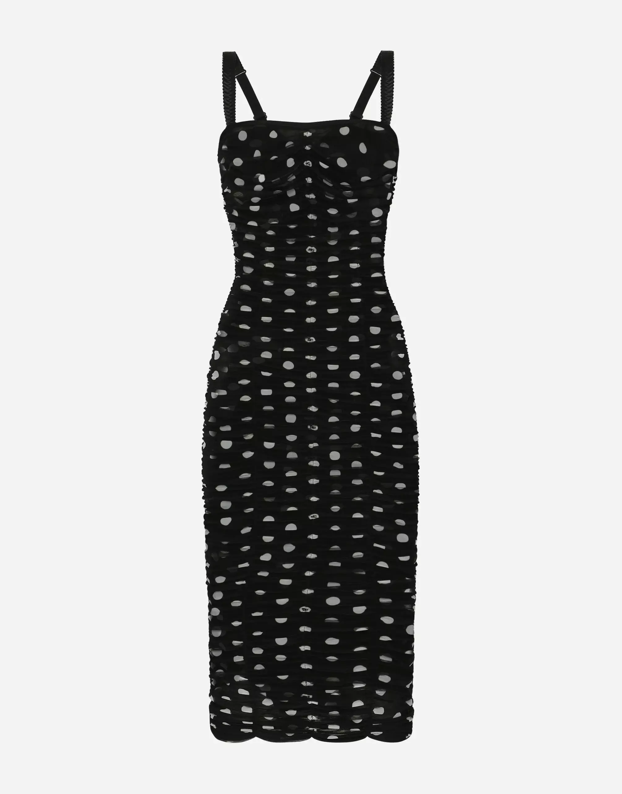 Dolce Gabbana Tulle Calf Length Sheath Dress With Draping And Polka Dot Print