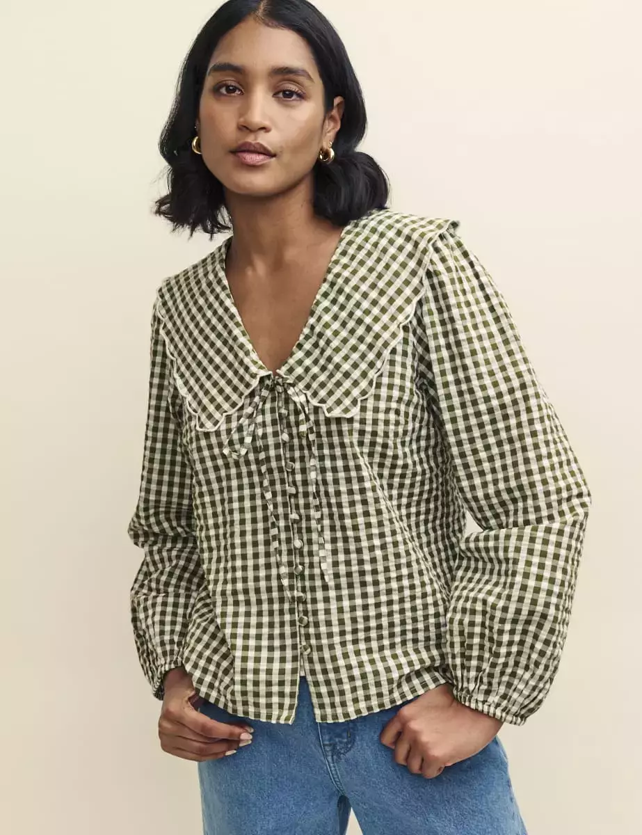 Green Gingham Birdie Long Sleeve Blouse