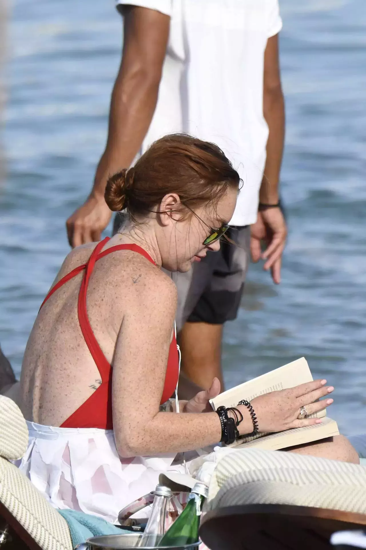 Lindsay Lohan In A Red Swimsuit On Nammos Beach In Mykonos