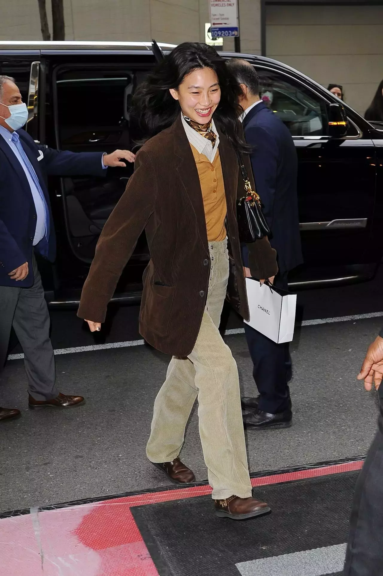 Hoyeon Jung Wearing A Corduroy Blazer Jacket With Matching Corduroy Pants Mark Hotel In Nyc