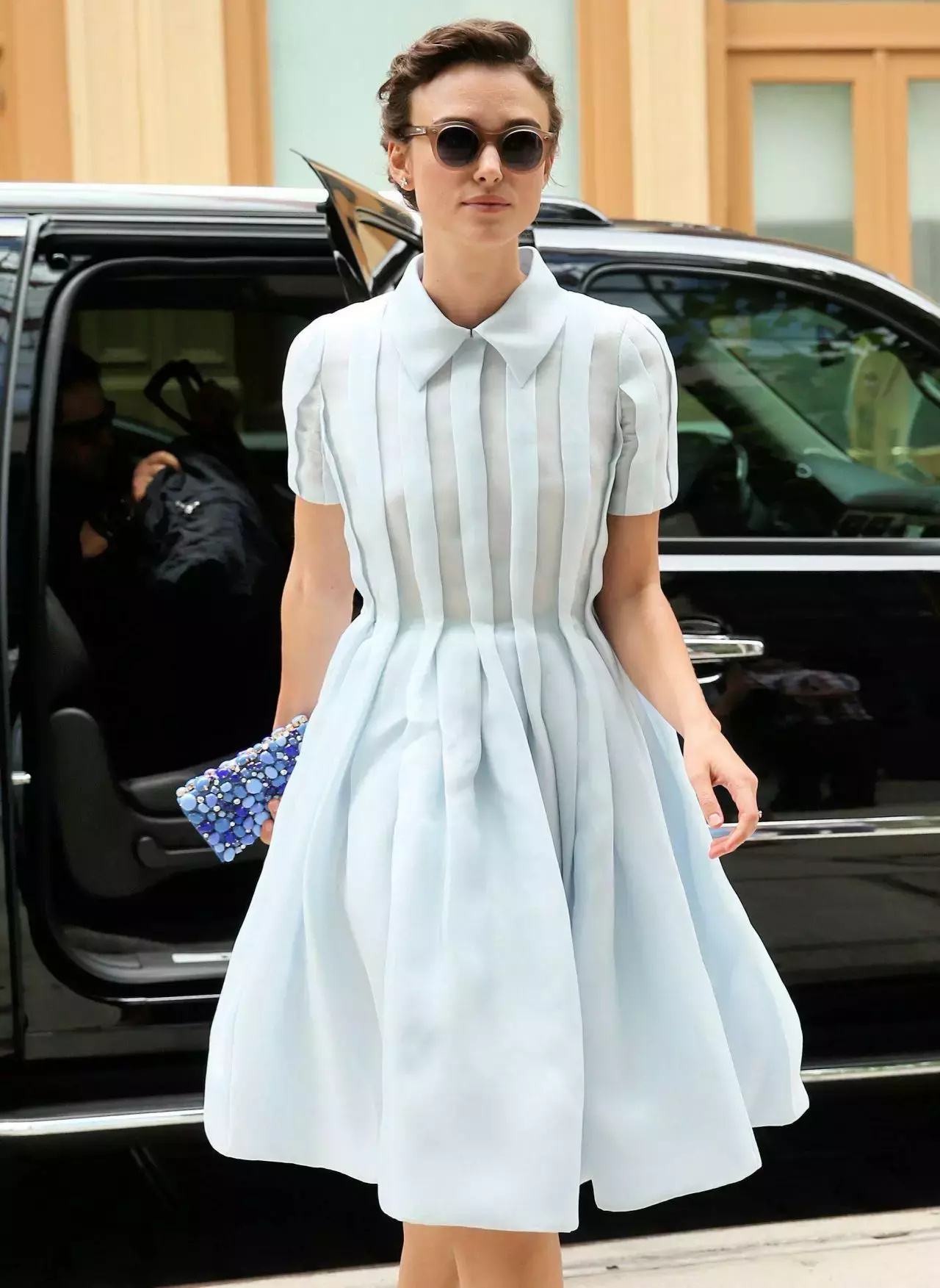 Keira Knightley Wearing Prada Dress Arriving At Downtown Hotel In New York City_6