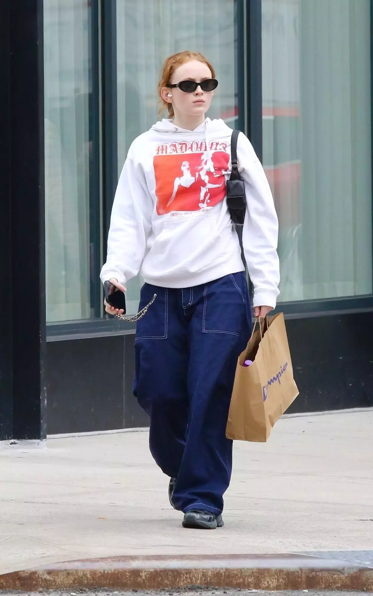 Sadie Sink Ins Vintage Madonna Hoodie And Denim Style Pants In Manhattan S Downtown Area