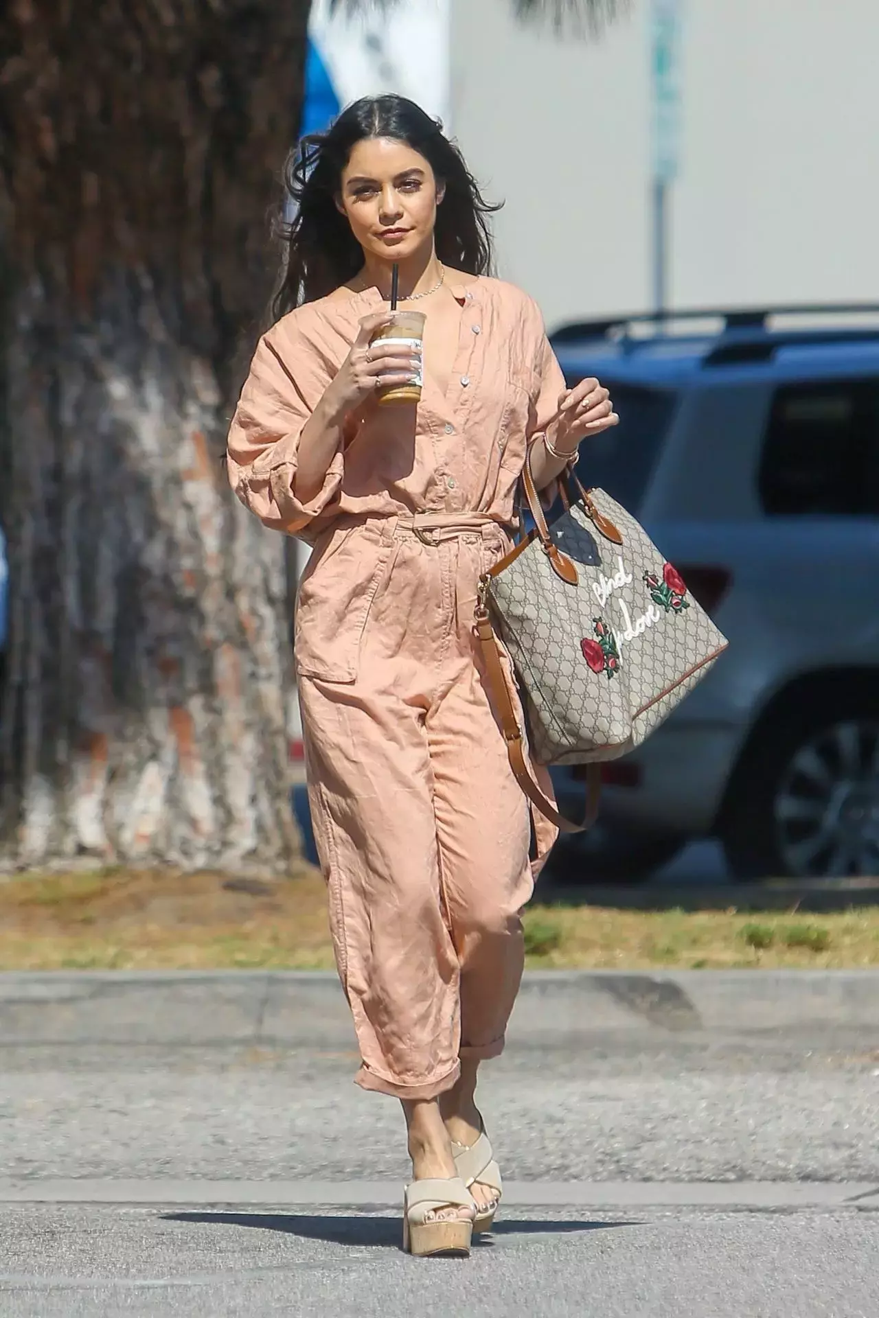 Vanessa Hudgens Wearing A Salmon Jumpsuit Los Angeles