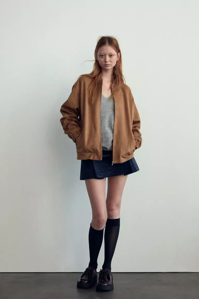 Camel Suede Bomber Jacket Mini Skirt Loafers