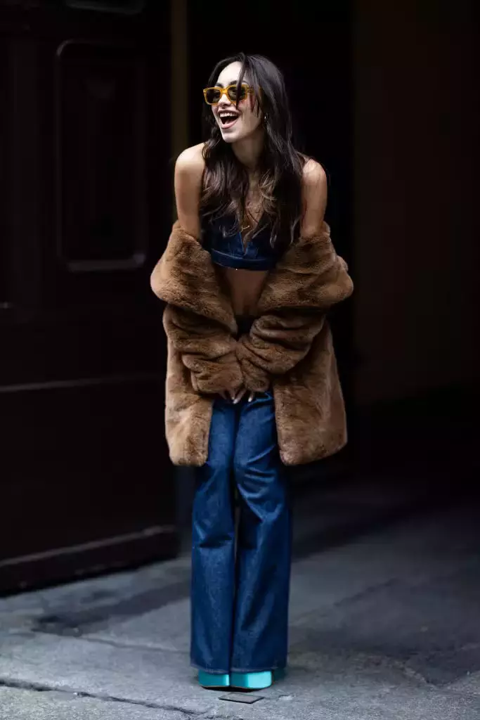 High Waisted Jeans Matching Top Fur Coat