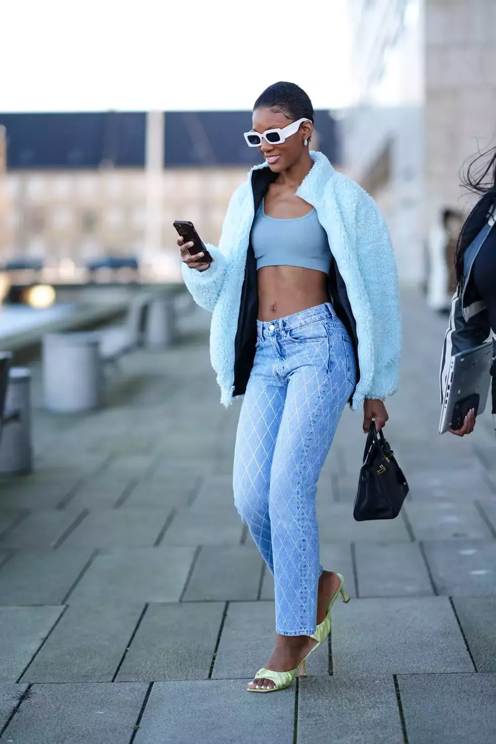 High Waisted Jeans Sports Bra Sherpa Jacket