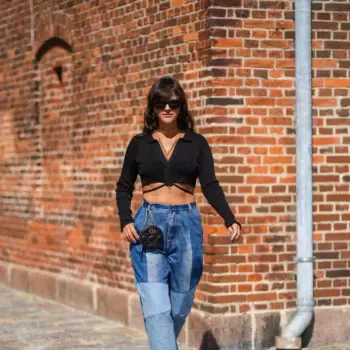 High Waisted Patchwork Jeans Strappy Black Top