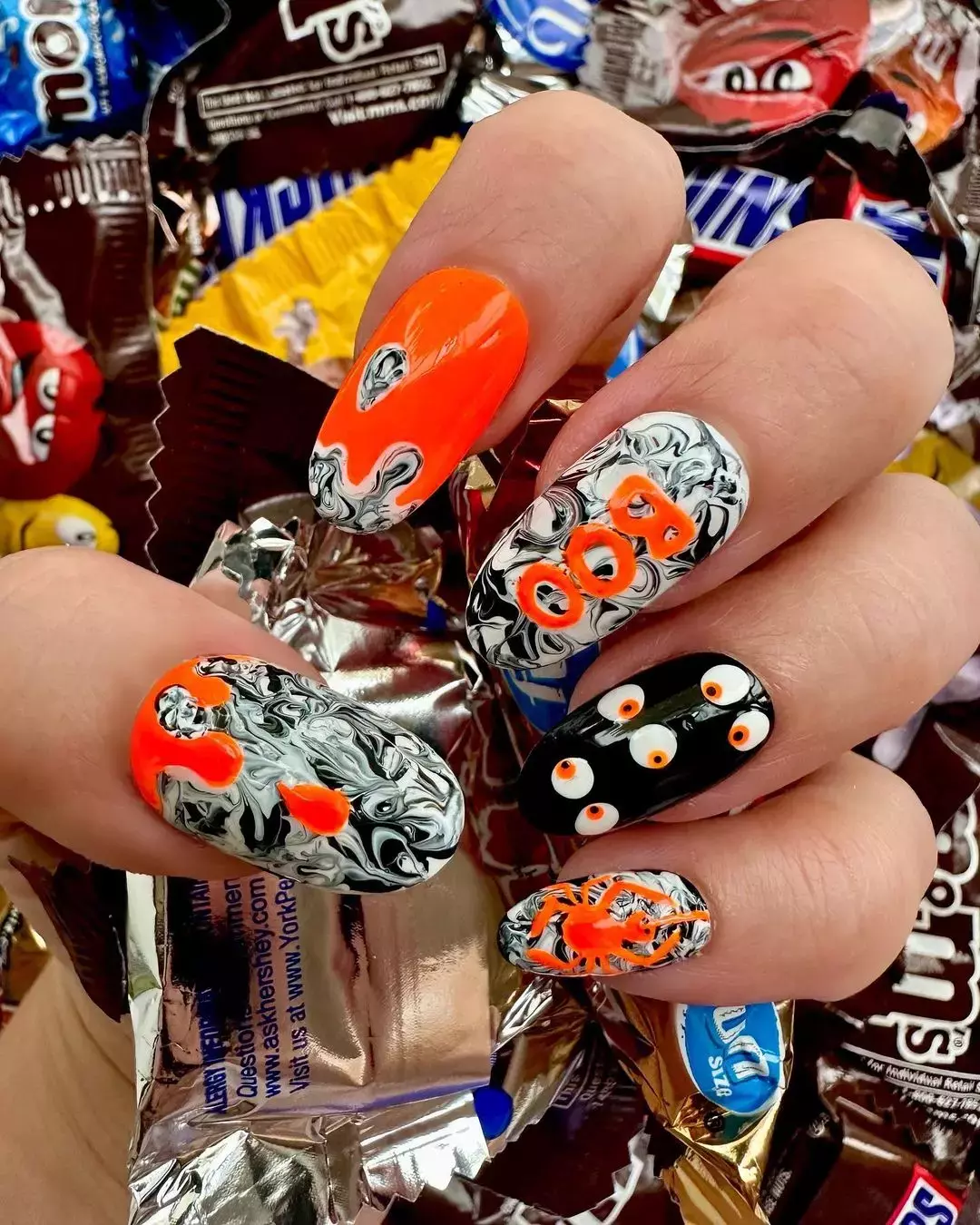 Orange Black And White Graphic Nails