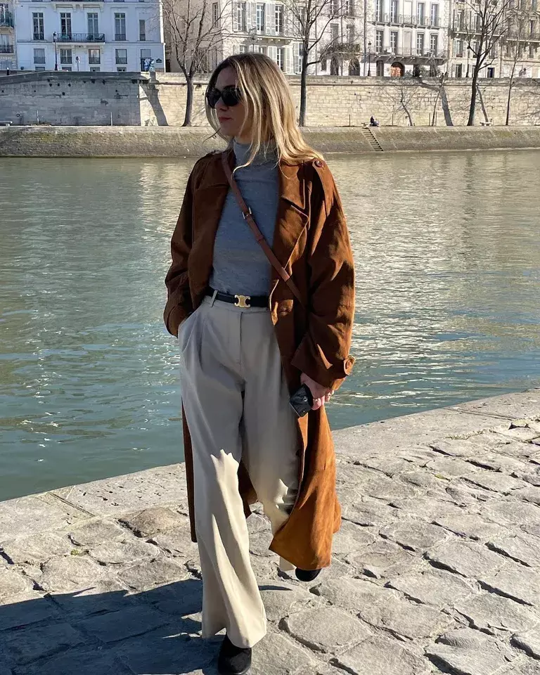 Rust Suede Trench Coat Neutral Sweater Wide Leg Trousers