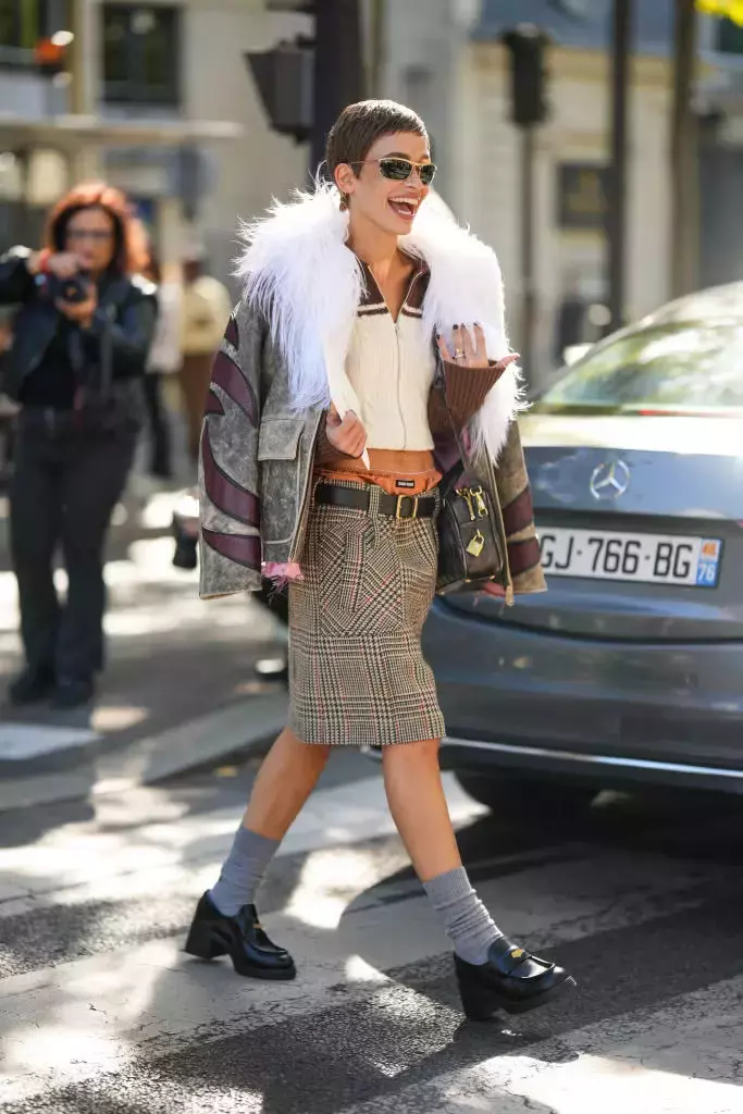 Shaggy Coat Plaid Skirt