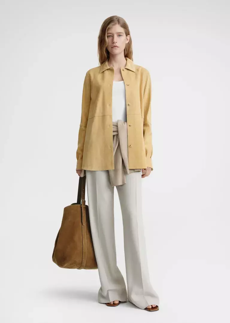 Yellow Suede Jacket White Top Wide Leg Pants