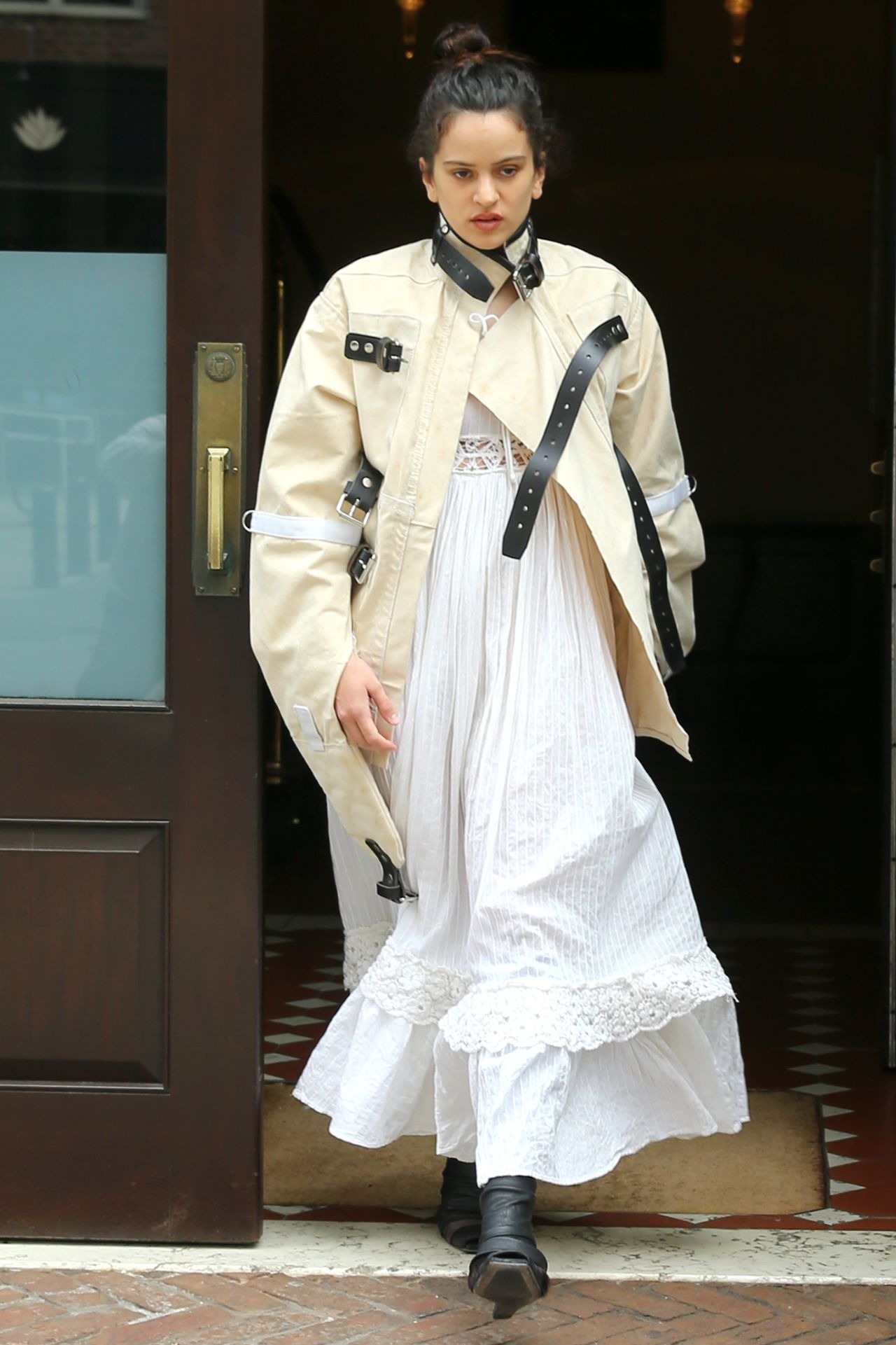 Rosalia In A White Maxi Dress And Belted Jacket In New York