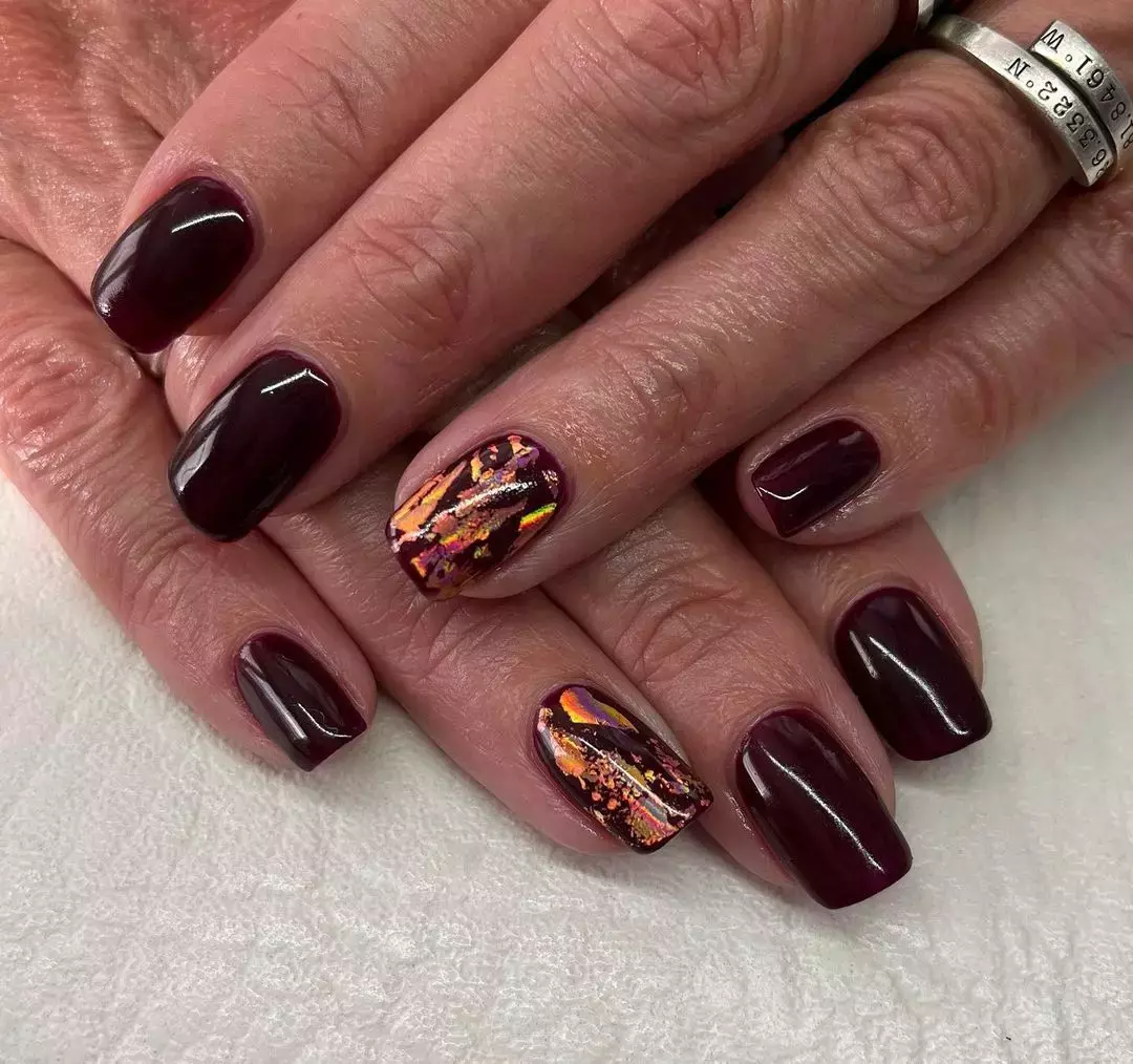 Burgundy Nails With Foil Accents