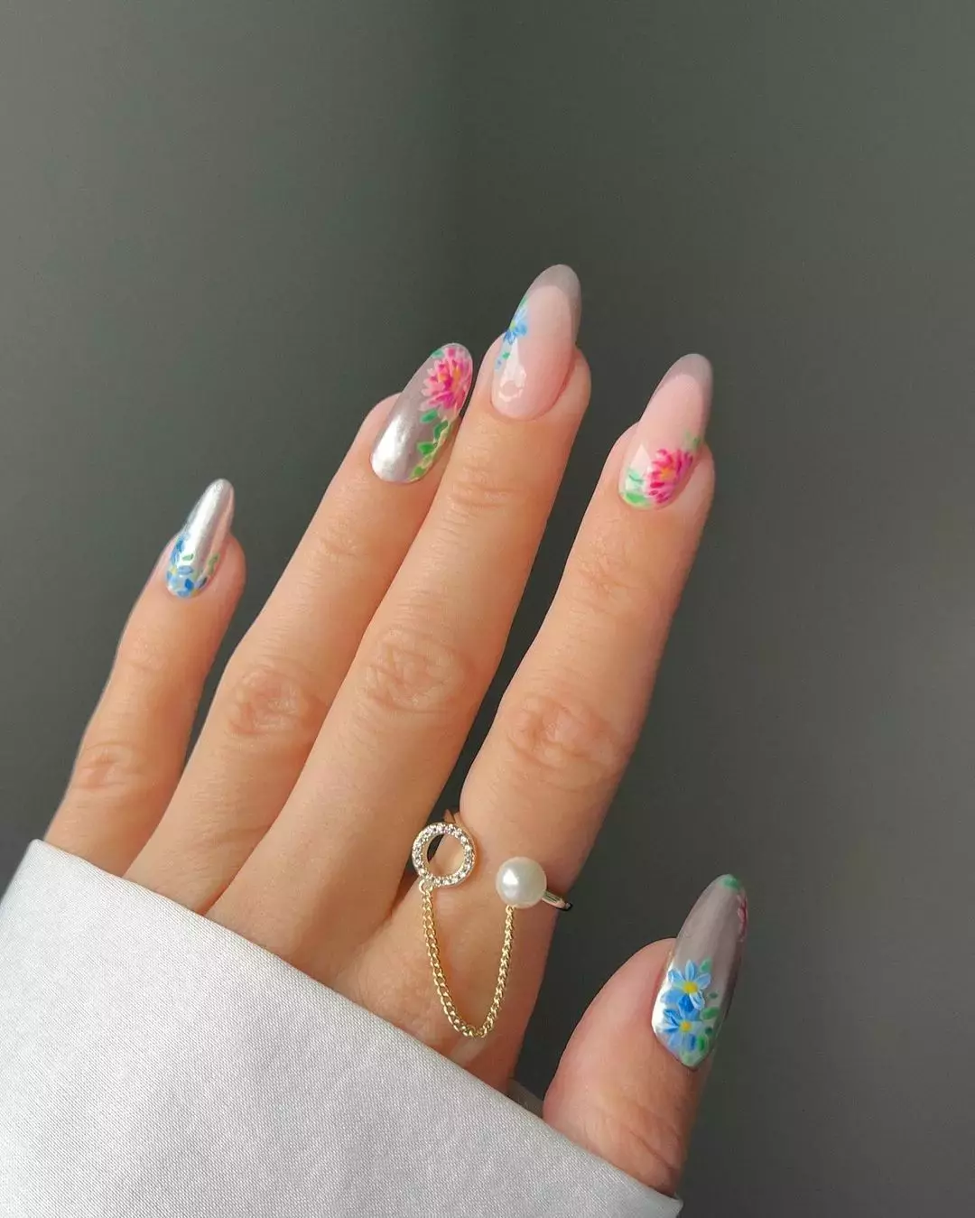 Chrome Nails With Floral Accents