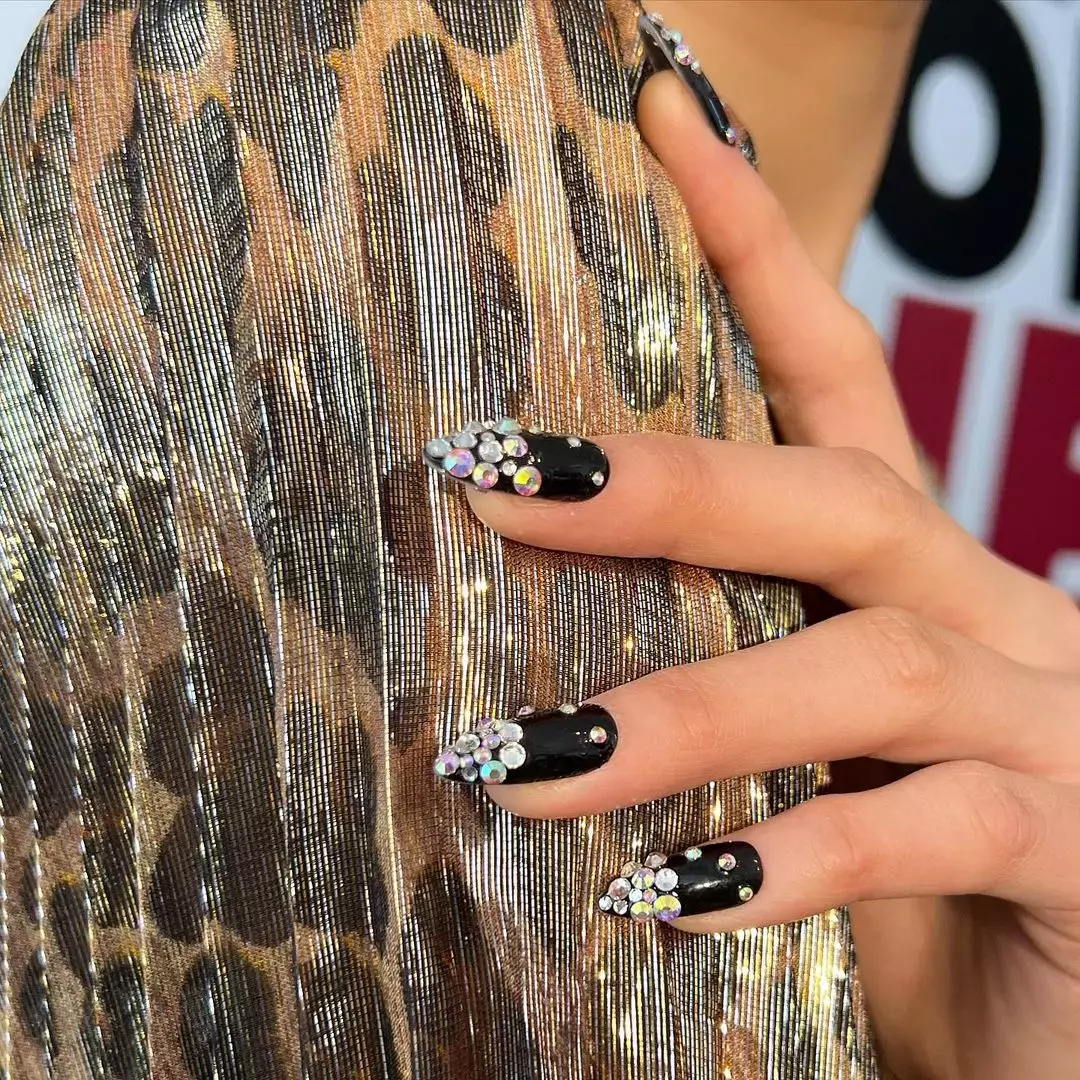 Dazzling Black Almond Nails With Rhinestone Tips