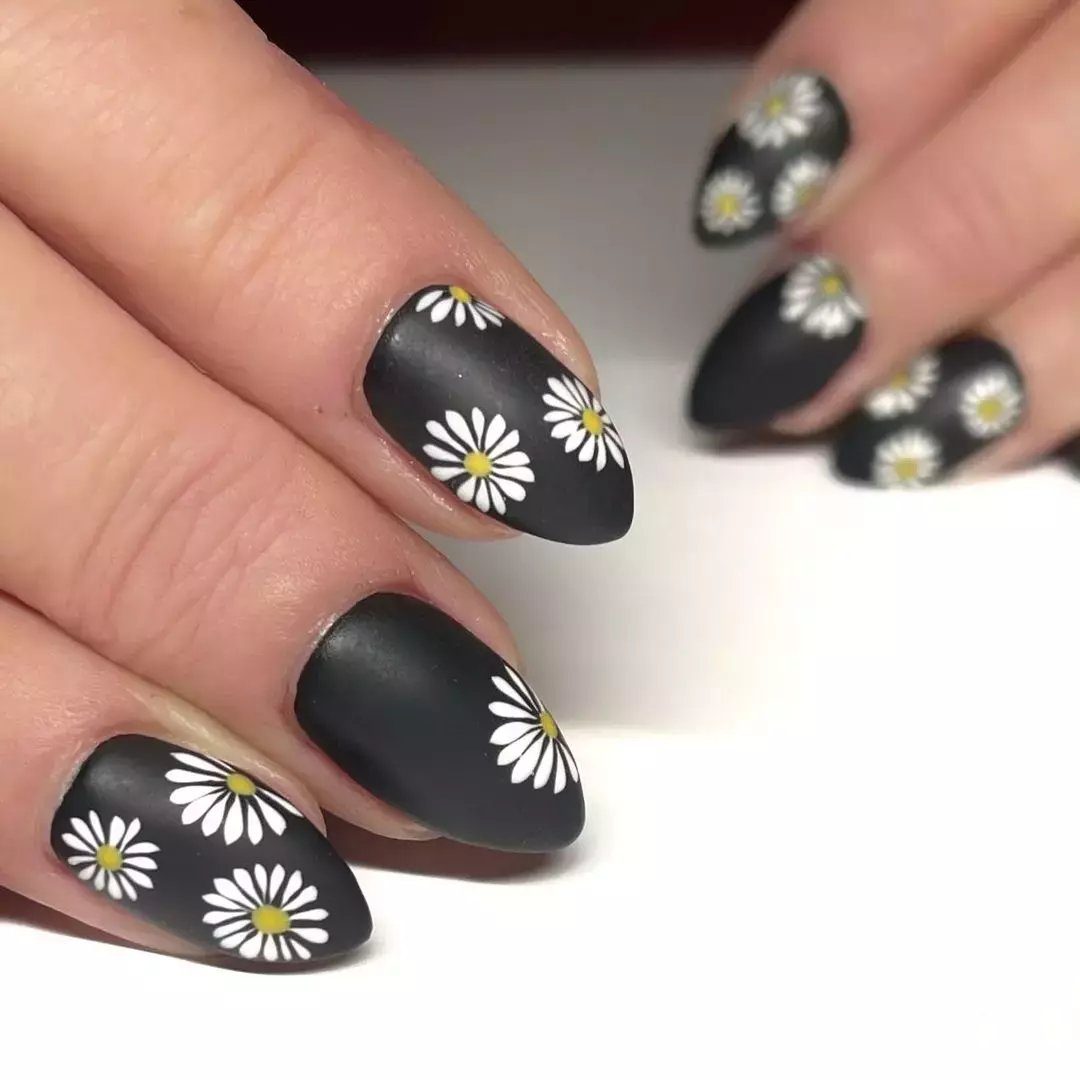 Matt Black Nails With Sunflowers