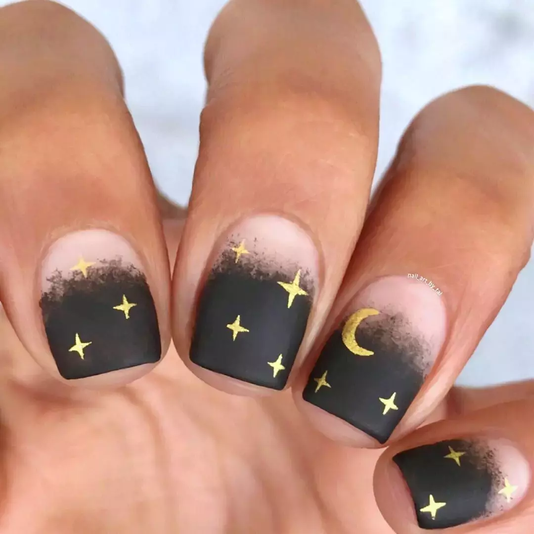 Matte Black Celestial Nail Art