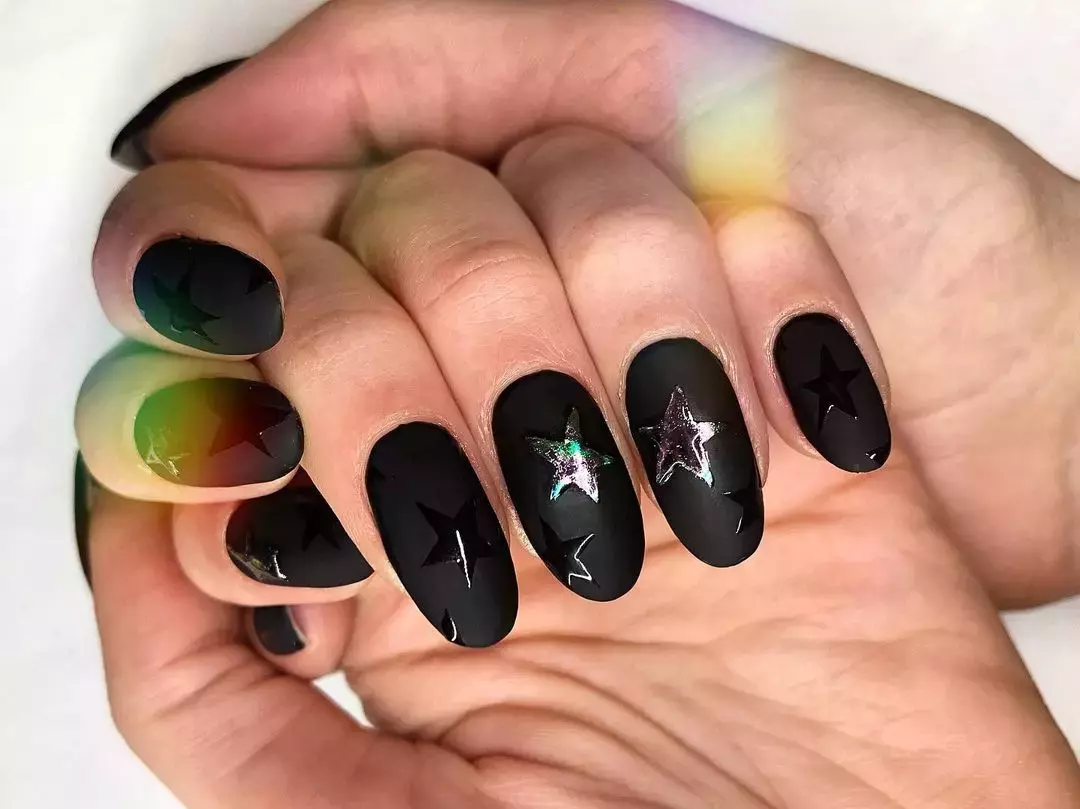 Matte Black Nails With Metallic Stars