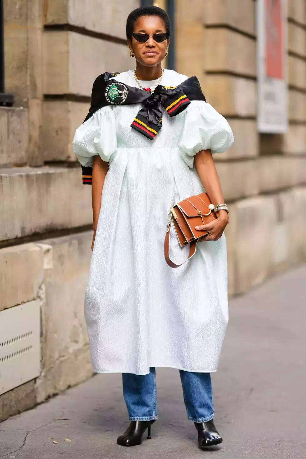 Puff Sleeve Dress With Straight Leg Jeans