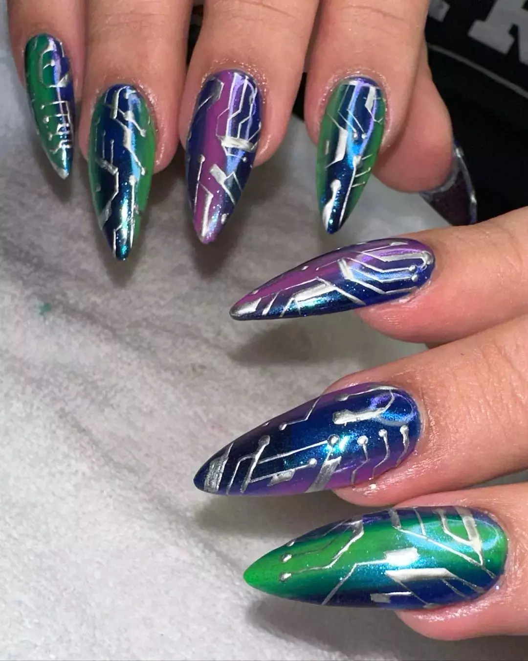 Purple Green And Blue Chrome Nails