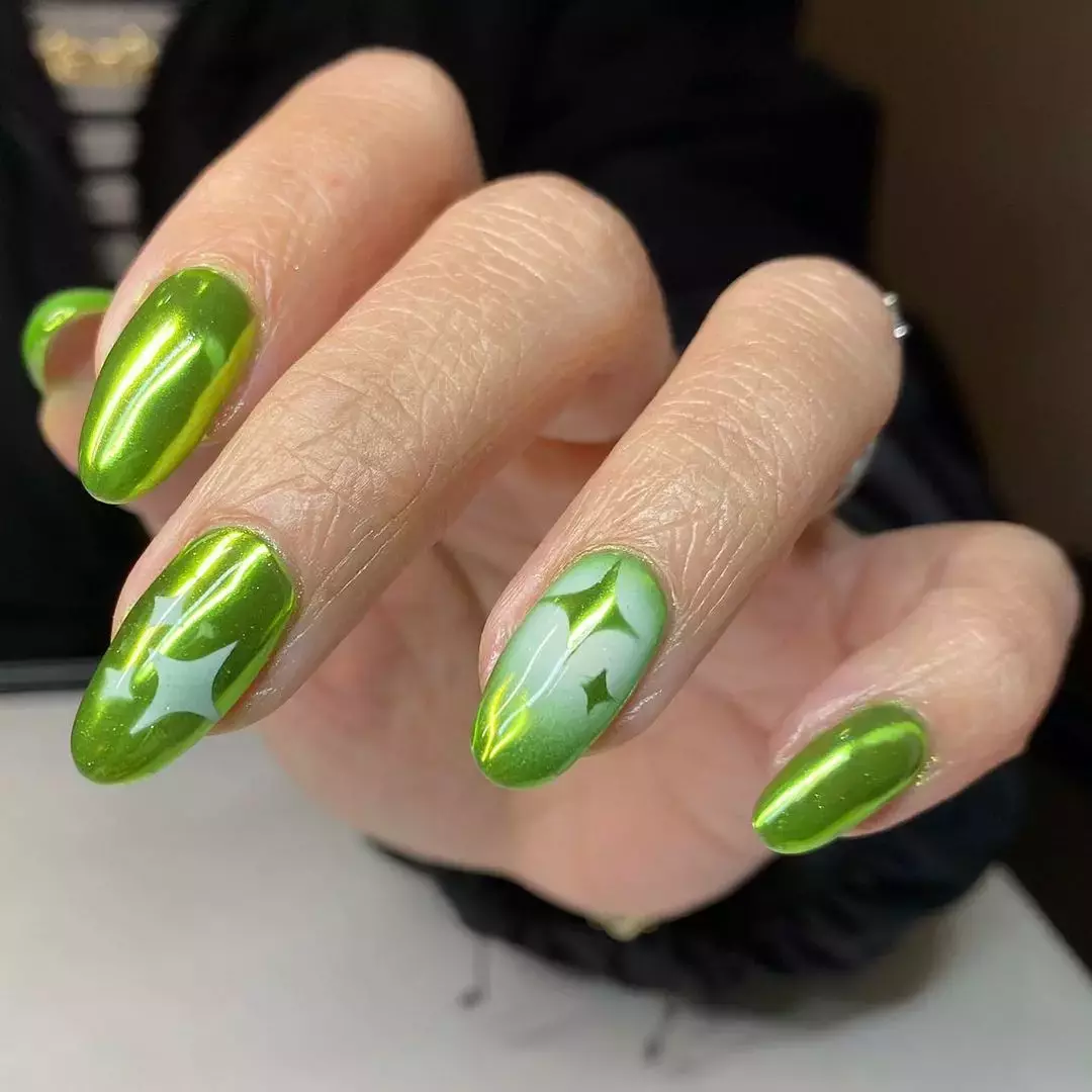 Slime Green Chrome Nails With Airbrushed Details