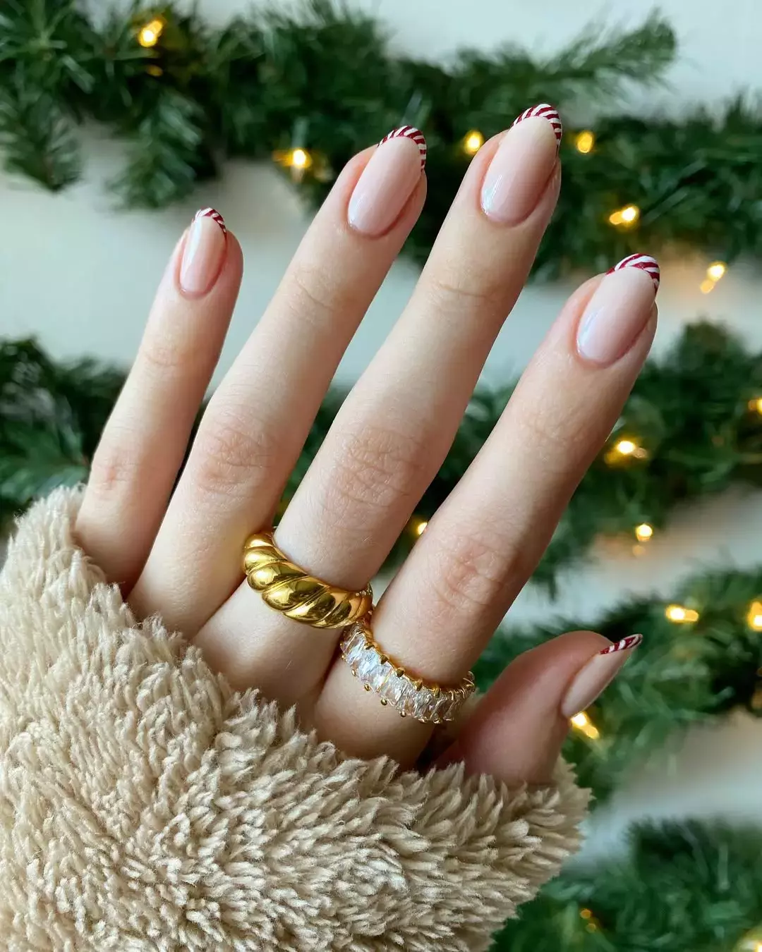 Striped Candy Cane French Tip Nails