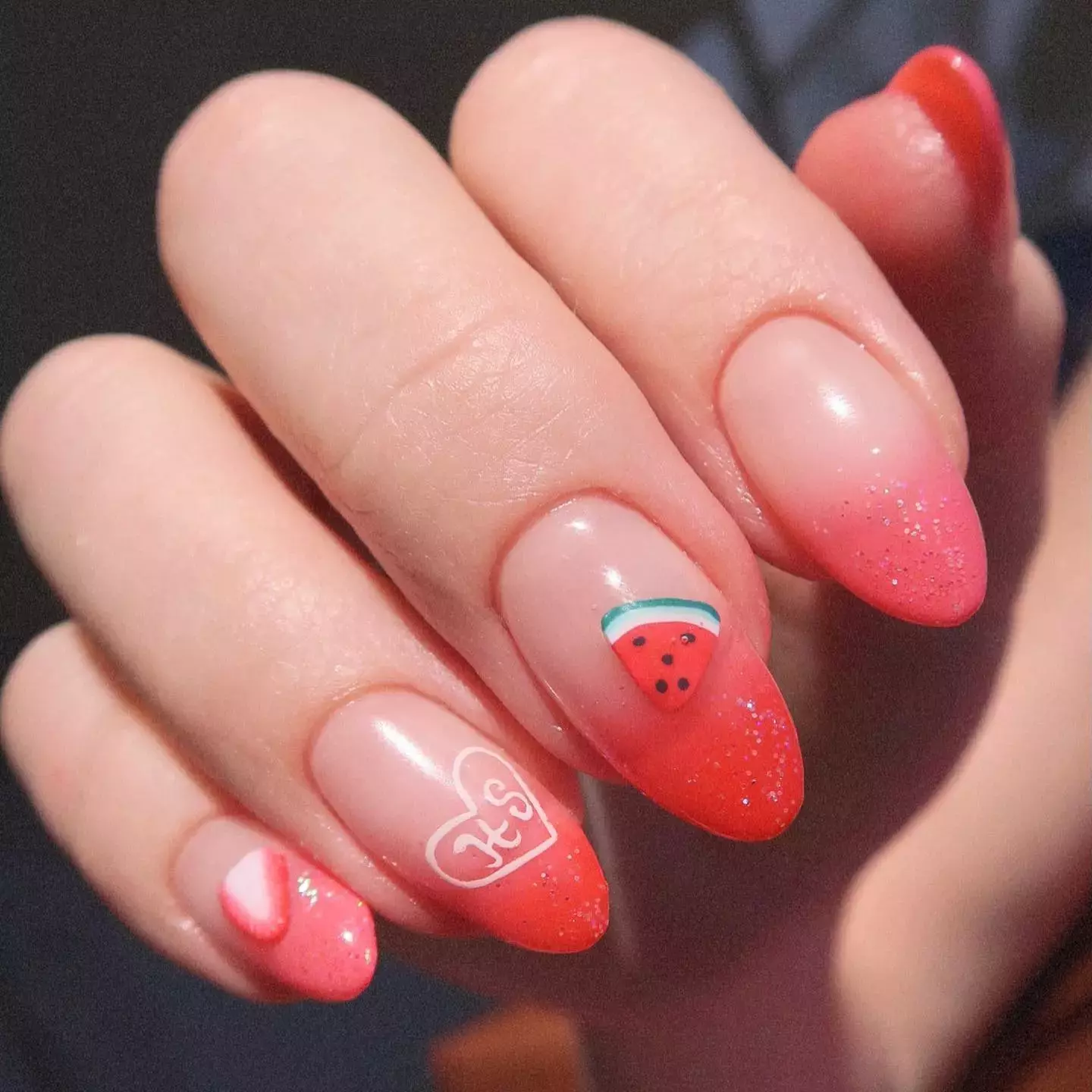 Watermelon Glitter Ombre Nails