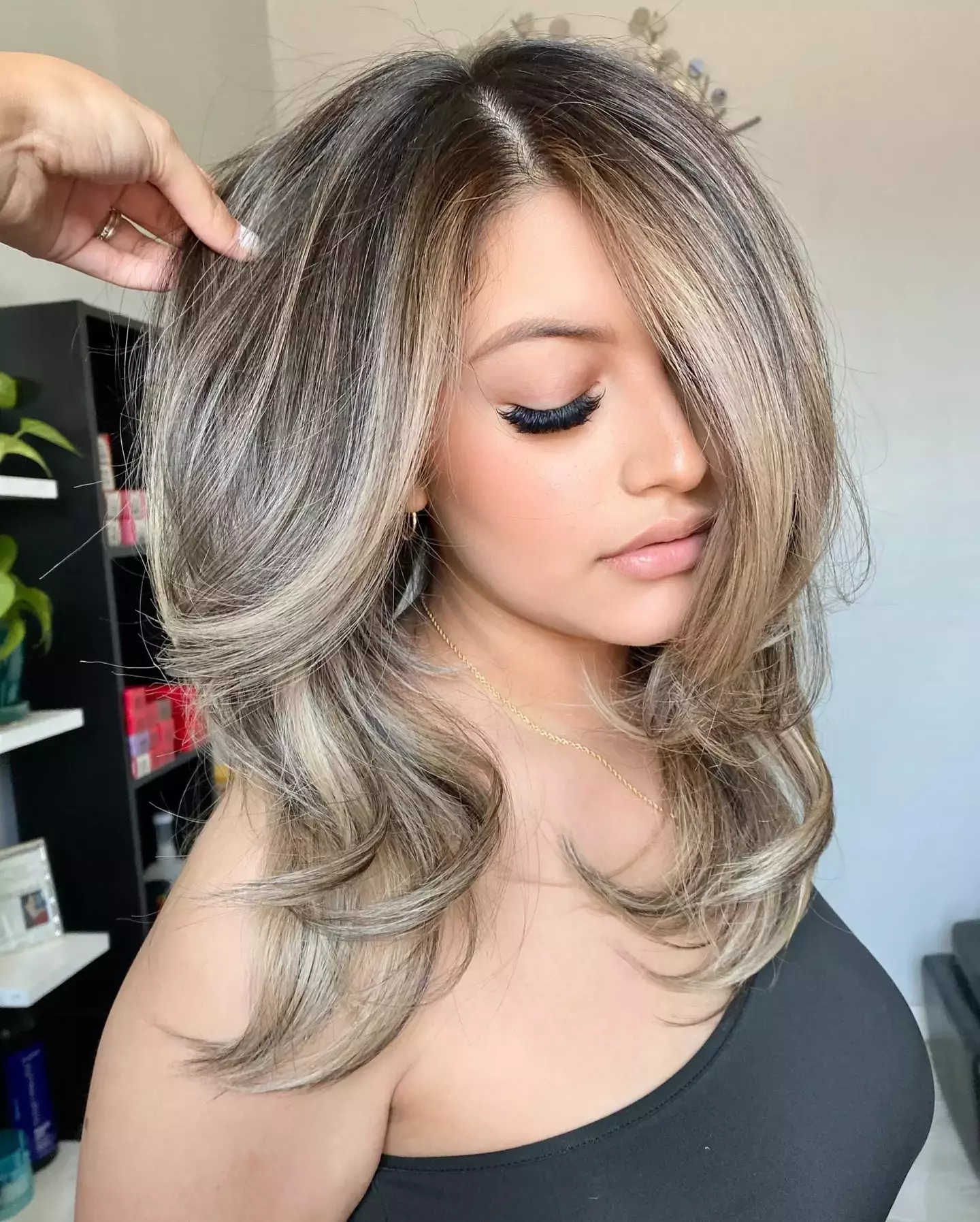 Beige Blonde Balayage With Dark Roots